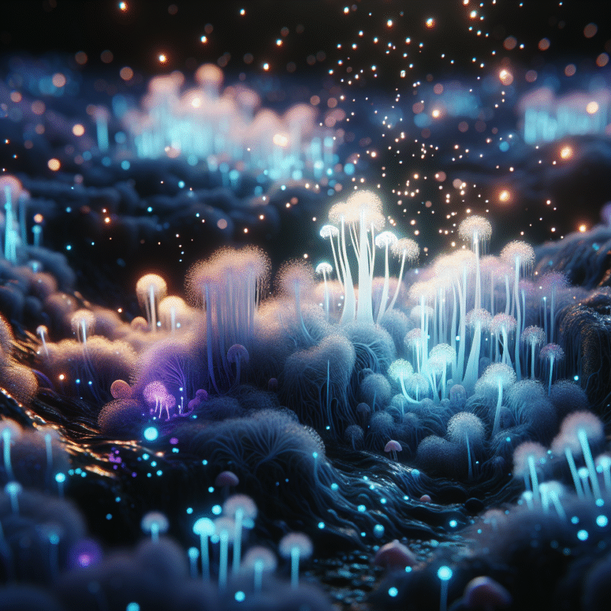 Glødende bioluminescerende svampe oplyser en surrealistisk, magisk skovbund om natten med funklende lys, der svæver over og levende blå og lilla nuancer, der skaber en drømmeagtig atmosfære. - Kunstig intelligens AI