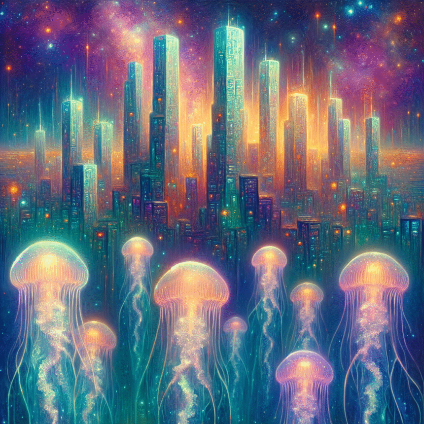Glødende vandmænd flyder under vandet foran en futuristisk by med høje, oplyste skyskrabere. Baggrunden er en farverig, stjernefyldt himmel, der blander elementer af både vand- og kosmisk natur. - Kunstig intelligens AI