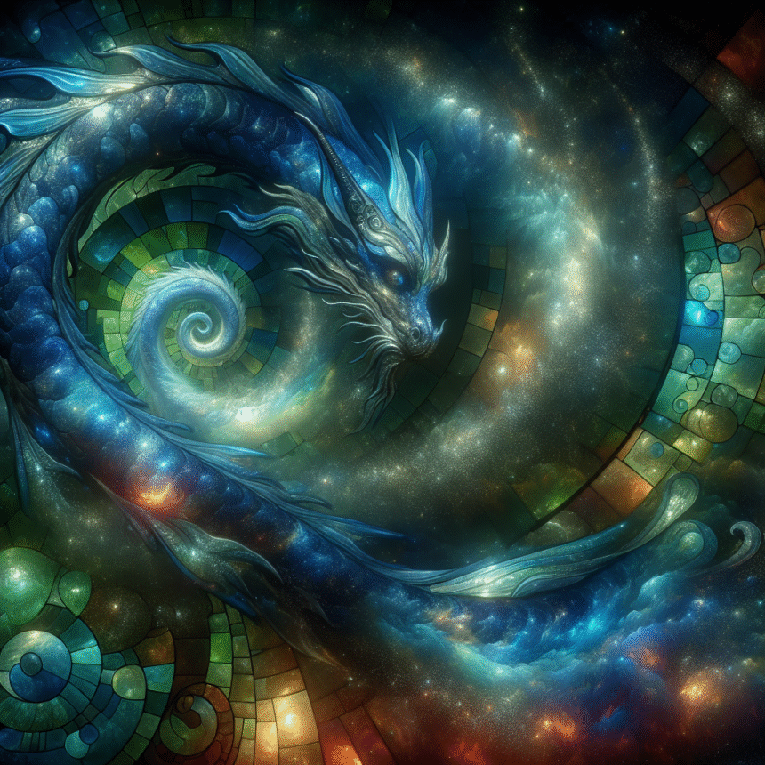 En lysende, blå drage snor sig gennem en kosmisk, farvet glashvirvel, omgivet af levende farver og skinnende stjerner, der blander fantasy- og rumelementer i en indviklet, hvirvlende komposition. - Kunstig intelligens AI