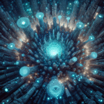 Et glødende, futuristisk bybillede stråler ud fra et centralt punkt med høje, cylindriske bygninger og svævende lys, der alle er oplyst i blå og hvide toner og skaber en levende, overjordisk atmosfære. - Kunstig intelligens AI