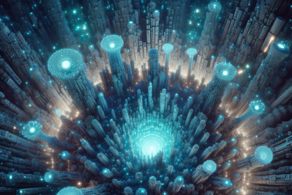 Et glødende, futuristisk bybillede stråler ud fra et centralt punkt med høje, cylindriske bygninger og svævende lys, der alle er oplyst i blå og hvide toner og skaber en levende, overjordisk atmosfære. - Kunstig intelligens AI