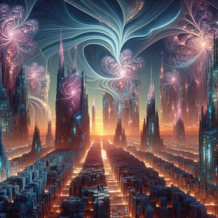 Et surrealistisk bybillede med lysende, futuristiske skyskrabere og hvirvlende, farverige fraktalmønstre, der fylder himlen og skaber en drømmeagtig, overjordisk atmosfære ved solnedgang. - Kunstig intelligens AI
