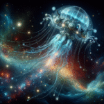 En glødende, futuristisk vandmand med mekaniske elementer svæver i det ydre rum, omgivet af farverige stjernetåger og stjerner, der blander natur med avanceret teknologi i en surrealistisk kosmisk scene. - Kunstig intelligens AI