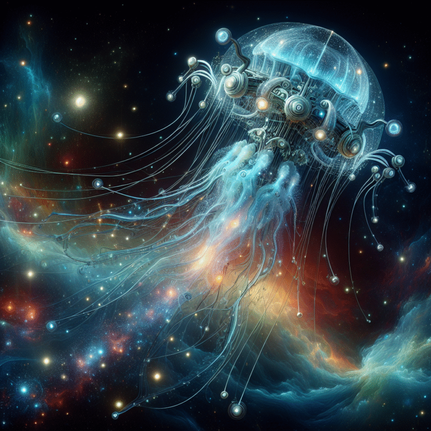 En glødende, futuristisk vandmand med mekaniske elementer svæver i det ydre rum, omgivet af farverige stjernetåger og stjerner, der blander natur med avanceret teknologi i en surrealistisk kosmisk scene. - Kunstig intelligens AI