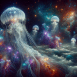 Kæmpe, lysende vandmænd flyder gennem en levende, kosmisk scene fyldt med stjerner og stjernetåger, der blander undervandsmiljøer og det ydre rum i et surrealistisk, drømmeagtigt landskab. - Kunstig intelligens AI