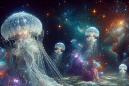 Kæmpe, lysende vandmænd flyder gennem en levende, kosmisk scene fyldt med stjerner og stjernetåger, der blander undervandsmiljøer og det ydre rum i et surrealistisk, drømmeagtigt landskab. - Kunstig intelligens AI