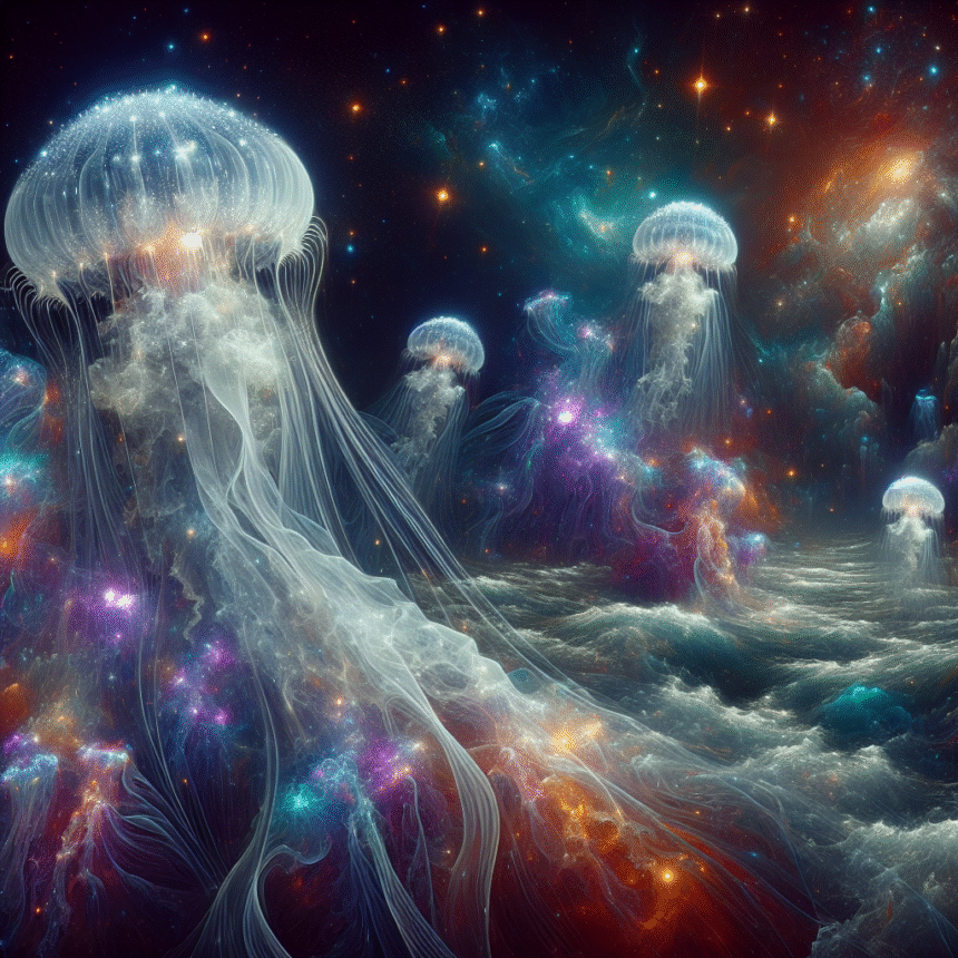 Kæmpe, lysende vandmænd flyder gennem en levende, kosmisk scene fyldt med stjerner og stjernetåger, der blander undervandsmiljøer og det ydre rum i et surrealistisk, drømmeagtigt landskab. - Kunstig intelligens AI