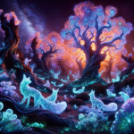 En glødende, fantastisk skov med lysende blå ræve og hvirvlende, bioluminescerende træer mod en levende, stjernefyldt nattehimmel. Scenen er drømmeagtig og magisk med lys, hvirvlende vegetation og mystisk belysning. - Kunstig intelligens AI
