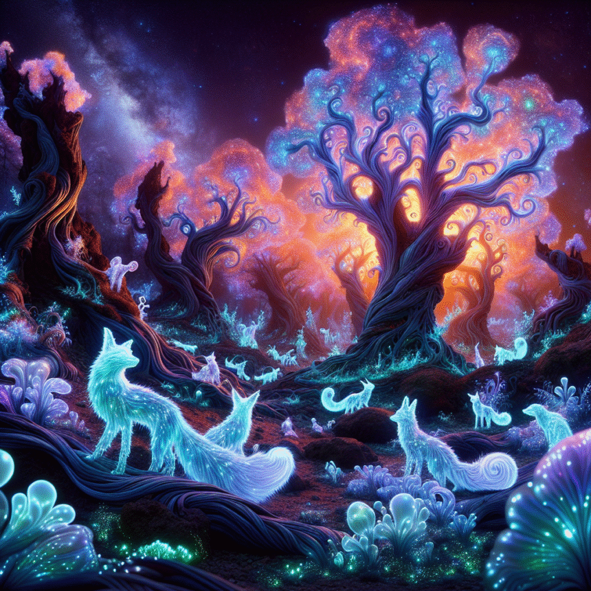 En glødende, fantastisk skov med lysende blå ræve og hvirvlende, bioluminescerende træer mod en levende, stjernefyldt nattehimmel. Scenen er drømmeagtig og magisk med lys, hvirvlende vegetation og mystisk belysning. - Kunstig intelligens AI