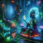 En futuristisk figur i udsmykket, lysende tøj mediterer i en levende, neonoplyst skov omgivet af svævende lotusblomster, digitale symboler og holografiske væsener, der skaber en mystisk og teknologisk atmosfære. - Kunstig intelligens AI