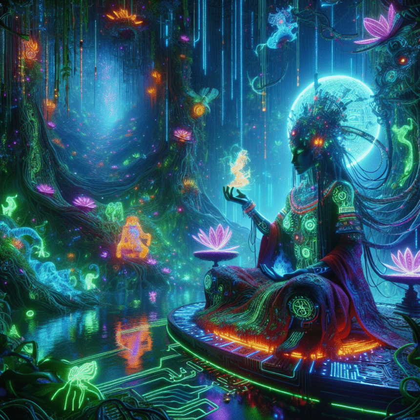 En futuristisk figur i udsmykket, lysende tøj mediterer i en levende, neonoplyst skov omgivet af svævende lotusblomster, digitale symboler og holografiske væsener, der skaber en mystisk og teknologisk atmosfære. - Kunstig intelligens AI