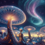 En surrealistisk scene med glødende, overdimensionerede svampe og en menneskelignende figur under en stjernefyldt nattehimmel med hvirvlende stjernetåger, der blander fantasy- og science fiction-elementer. - Kunstig intelligens AI