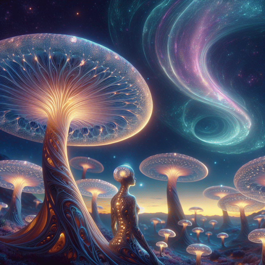 En surrealistisk scene med glødende, overdimensionerede svampe og en menneskelignende figur under en stjernefyldt nattehimmel med hvirvlende stjernetåger, der blander fantasy- og science fiction-elementer. - Kunstig intelligens AI