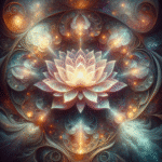 En glødende lotusblomst udstråler lys i midten af et hvirvlende, indviklet mønster med levende farver og udsmykkede, kosmiske mønstre, som skaber en mystisk og spirituel stemning. - Kunstig intelligens AI