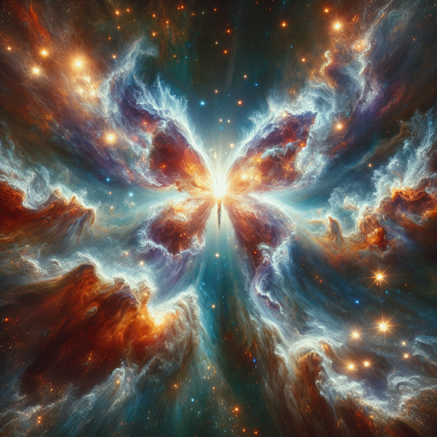 En farverig, lysende stjernetåge i det ydre rum har form som en sommerfugl med lysende vinger og hvirvlende skyer i blåt, orange og hvidt på en baggrund af stjerner. - Kunstig intelligens AI