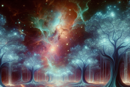 En surrealistisk, glødende skov med lysende træer og rødder, der fletter sig sammen under en levende, kosmisk himmel fyldt med farverige stjernetåger og stjerner, der skaber en mystisk og overjordisk atmosfære. - Kunstig intelligens AI