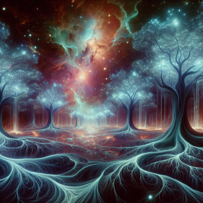 En surrealistisk, glødende skov med lysende træer og rødder, der fletter sig sammen under en levende, kosmisk himmel fyldt med farverige stjernetåger og stjerner, der skaber en mystisk og overjordisk atmosfære. - Kunstig intelligens AI