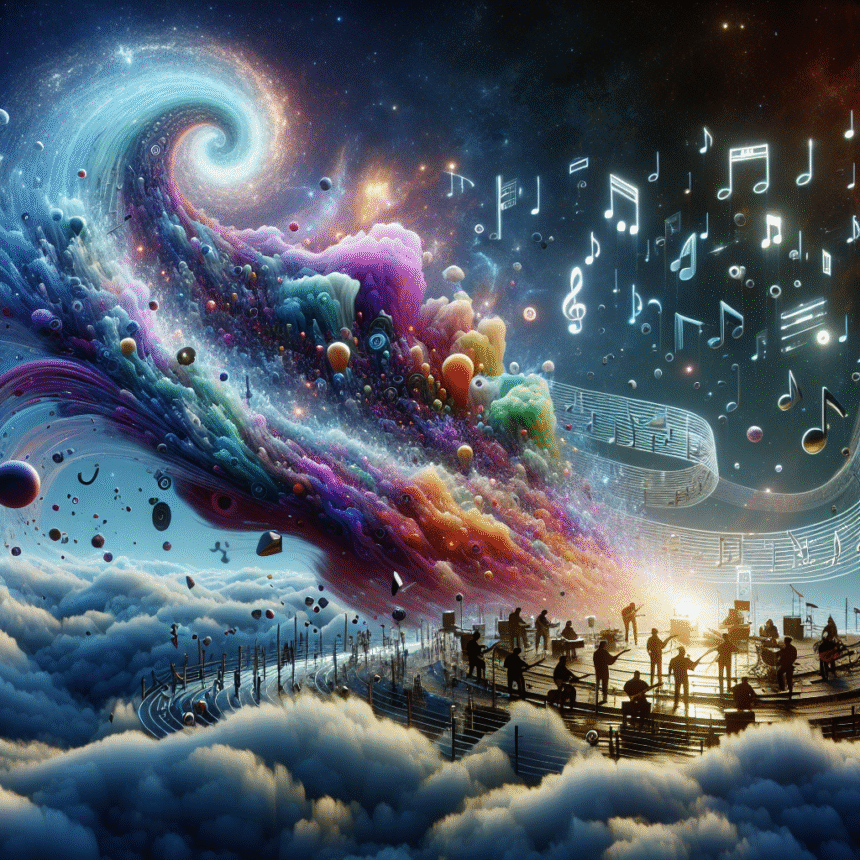 Et orkester spiller på skyer under en hvirvlende galakse, med farverige bølger og svævende musikalske toner, der stiger op i en levende, stjernefyldt himmel og blander musik og kosmiske elementer i en surrealistisk, drømmeagtig scene. - Kunstig intelligens AI