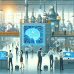 En futuristisk fabrik fyldt med arbejdere i formelt tøj, avancerede robotter og store digitale skærme med en lysende AI-hjernegrafik, der fremhæver integrationen af kunstig intelligens i industrielle omgivelser. - Kunstig intelligens AI