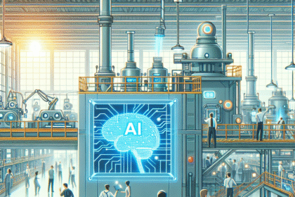 En futuristisk fabrik fyldt med arbejdere i formelt tøj, avancerede robotter og store digitale skærme med en lysende AI-hjernegrafik, der fremhæver integrationen af kunstig intelligens i industrielle omgivelser. - Kunstig intelligens AI