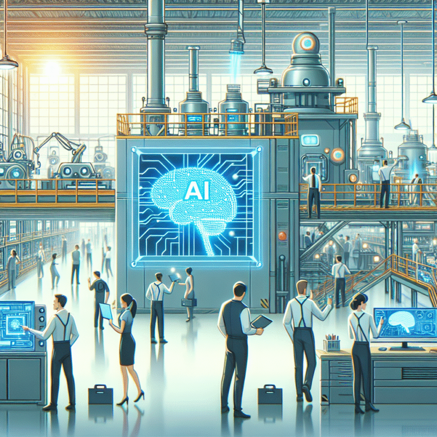En futuristisk fabrik fyldt med arbejdere i formelt tøj, avancerede robotter og store digitale skærme med en lysende AI-hjernegrafik, der fremhæver integrationen af kunstig intelligens i industrielle omgivelser. - Kunstig intelligens AI