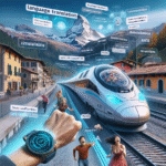Et futuristisk tog kører hurtigt gennem en naturskøn landsby, mens folk bruger bærbare enheder til sprogoversættelse i realtid, hvor flere sprog vises visuelt i luften omkring dem, og digitale grænseflader forbedrer deres kommunikation. - Kunstig intelligens AI