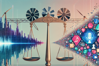 En balancevægt står på en digital platform med lydbølger på den ene side og et væld af farverige medieikoner på den anden, hvilket symboliserer balancen mellem teknologi, medier og kommunikation. - Kunstig intelligens AI