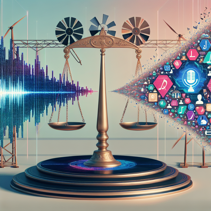 En balancevægt står på en digital platform med lydbølger på den ene side og et væld af farverige medieikoner på den anden, hvilket symboliserer balancen mellem teknologi, medier og kommunikation. - Kunstig intelligens AI