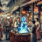 En travl historisk markedsscene med mennesker i vintagetøj, der interagerer omkring et bord, hvor der projiceres en blå holografisk robot, der blander gammeldags og futuristisk teknologi. Neonskilte lyser op i baggrunden. - Kunstig intelligens AI