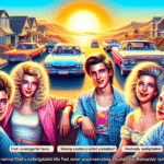 Tre smilende unge mennesker med 1980'er-frisurer poserer foran klassiske biler på en solrig gade med palmer og en lysende solnedgang i baggrunden. Scenen har en retro, levende og farverig stil. - Kunstig intelligens AI