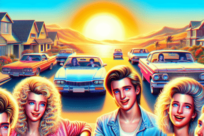 Tre smilende unge mennesker med 1980'er-frisurer poserer foran klassiske biler på en solrig gade med palmer og en lysende solnedgang i baggrunden. Scenen har en retro, levende og farverig stil. - Kunstig intelligens AI
