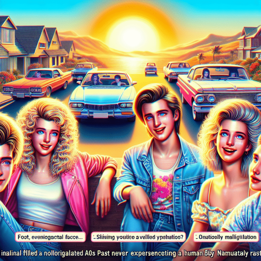 Tre smilende unge mennesker med 1980'er-frisurer poserer foran klassiske biler på en solrig gade med palmer og en lysende solnedgang i baggrunden. Scenen har en retro, levende og farverig stil. - Kunstig intelligens AI