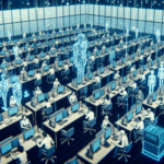 Et stort kontor med rækker af mennesker, der arbejder ved computere, afbrudt af lysende humanoide robotter, der antyder, at mennesker og kunstig intelligens samarbejder på en moderne arbejdsplads. - Kunstig intelligens AI