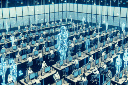 Et stort kontor med rækker af mennesker, der arbejder ved computere, afbrudt af lysende humanoide robotter, der antyder, at mennesker og kunstig intelligens samarbejder på en moderne arbejdsplads. - Kunstig intelligens AI