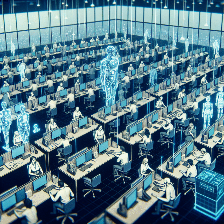 Et stort kontor med rækker af mennesker, der arbejder ved computere, afbrudt af lysende humanoide robotter, der antyder, at mennesker og kunstig intelligens samarbejder på en moderne arbejdsplads. - Kunstig intelligens AI