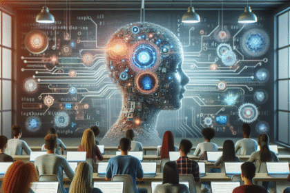 Eleverne sidder i et klasseværelse med bærbare computere og kigger på en stor skærm, der viser et digitalt menneskehoved omgivet af kredsløbsmønstre og tandhjul, som symboliserer kunstig intelligens og teknologi i undervisningen. - Kunstig intelligens AI