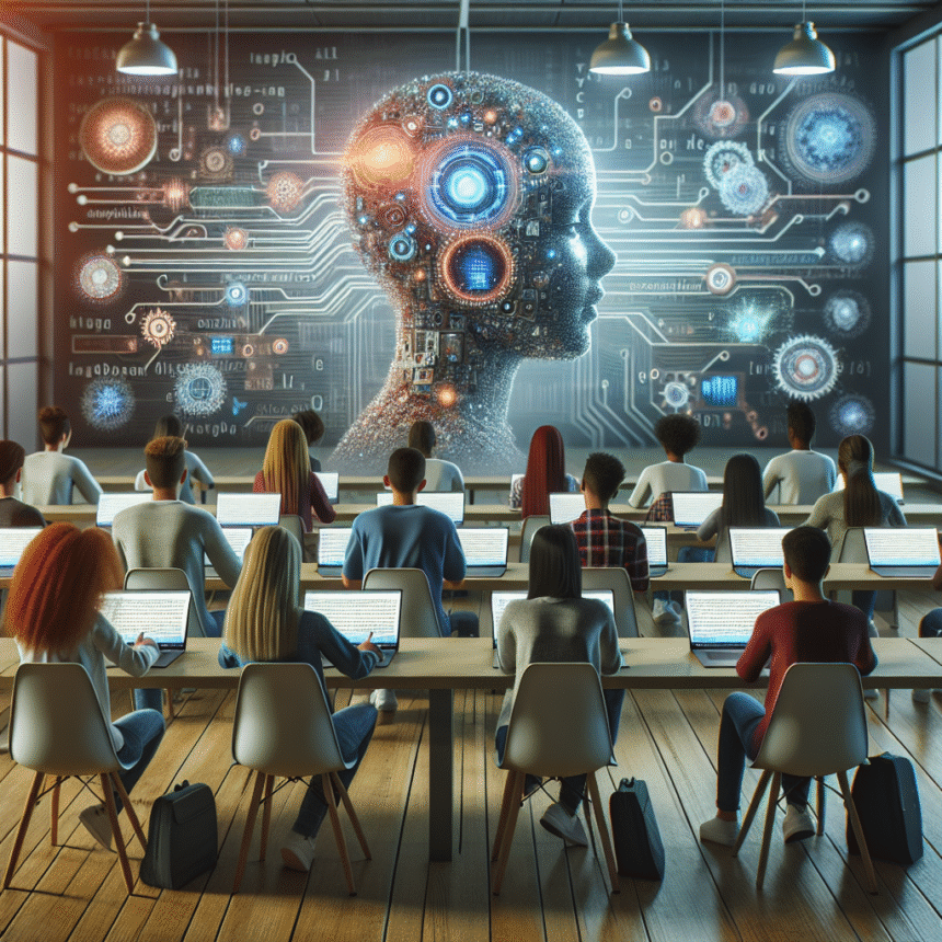 Eleverne sidder i et klasseværelse med bærbare computere og kigger på en stor skærm, der viser et digitalt menneskehoved omgivet af kredsløbsmønstre og tandhjul, som symboliserer kunstig intelligens og teknologi i undervisningen. - Kunstig intelligens AI