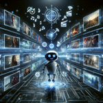 En munter robot står i en digital korridor omgivet af flydende skærme, der viser film, musiknoter og ikoner, som symboliserer avanceret AI, der håndterer stort multimedieindhold. - Kunstig intelligens AI