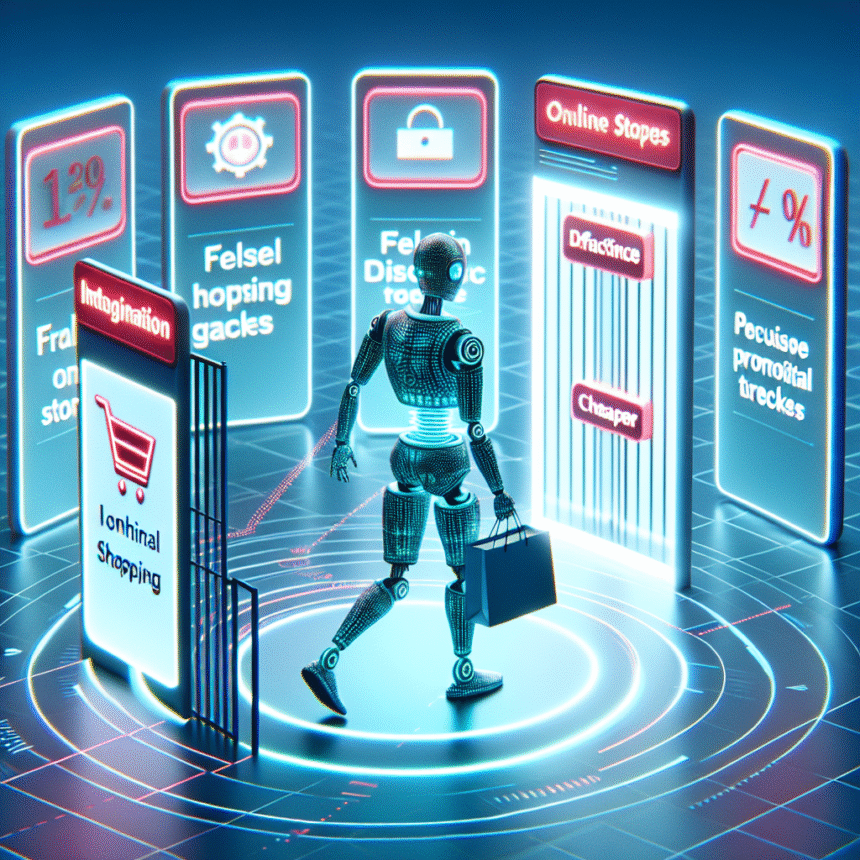 En robot med en indkøbspose står i et digitalt miljø og ser på virtuelle skærme for onlinebutikker, rabatter og kampagnetilbud, hvilket symboliserer AI-drevet online shopping og e-handelsvalg. - Kunstig intelligens AI