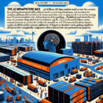 En illustration af en travl industrihavn med lastbiler, containere og lagerbygninger, der er mærket med AI-relaterede udtryk. I baggrunden symboliserer en lysende digital hjerne og datakredsløb AI-infrastrukturkapløbet. - Kunstig intelligens AI