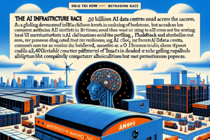 En illustration af en travl industrihavn med lastbiler, containere og lagerbygninger, der er mærket med AI-relaterede udtryk. I baggrunden symboliserer en lysende digital hjerne og datakredsløb AI-infrastrukturkapløbet. - Kunstig intelligens AI