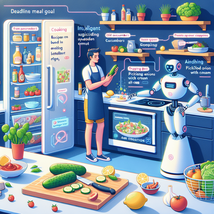 En mand og en venlig robot tilbereder et måltid sammen i et højteknologisk køkken, omgivet af friske grøntsager, et åbent køleskab med mærkede fødevarer og digitale madlavningsinstruktioner på skærme. - Kunstig intelligens AI