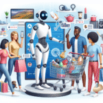 En venlig robot interagerer med forskellige mennesker på indkøb, nogle med tasker og telefoner, mens digitale ikoner med forskellige produkter og budskaber svæver rundt og antyder teknologiens rolle i den moderne detailhandel. - Kunstig intelligens AI