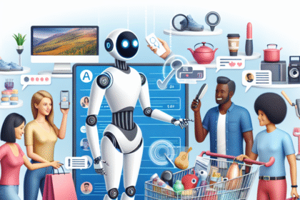 En venlig robot interagerer med forskellige mennesker på indkøb, nogle med tasker og telefoner, mens digitale ikoner med forskellige produkter og budskaber svæver rundt og antyder teknologiens rolle i den moderne detailhandel. - Kunstig intelligens AI