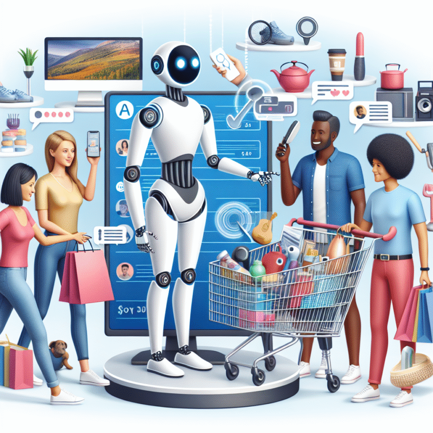 En venlig robot interagerer med forskellige mennesker på indkøb, nogle med tasker og telefoner, mens digitale ikoner med forskellige produkter og budskaber svæver rundt og antyder teknologiens rolle i den moderne detailhandel. - Kunstig intelligens AI