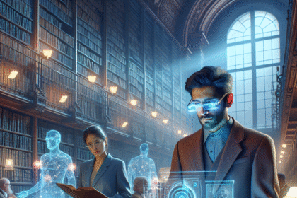 I et stort bibliotek studerer to personer bøger blandt lysende holografiske skærme og digitale figurer, der blander traditionel forskning med futuristisk teknologi i en akademisk atmosfære. - Kunstig intelligens AI