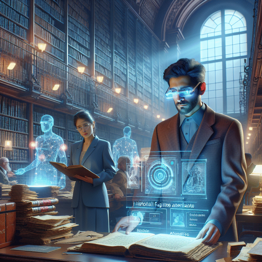I et stort bibliotek studerer to personer bøger blandt lysende holografiske skærme og digitale figurer, der blander traditionel forskning med futuristisk teknologi i en akademisk atmosfære. - Kunstig intelligens AI