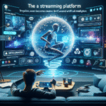 En person sidder i et futuristisk rum med holografiske skærme og ser på en central digital figur omgivet af streaming- og AI-grænsefladeelementer. Scenen illustrerer et avanceret, interaktivt streamingplatformkoncept. - Kunstig intelligens AI