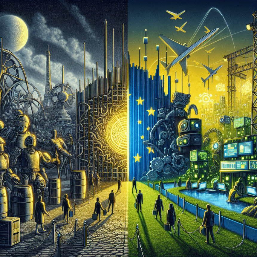 En delt scene, der viser en industriel, gearfyldt by i måneskin til venstre og en lys, højteknologisk futuristisk by med flyvemaskiner og digitale skærme til højre; folk går mellem de to verdener. - Kunstig intelligens AI