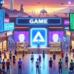 En menneskemængde samles uden for en futuristisk spilbutik med neonlys, AI-robotter og digitale reklametavler. Sci-fi-landskaber og robotter er synlige i baggrunden og skaber en livlig, højteknologisk atmosfære. - Kunstig intelligens AI